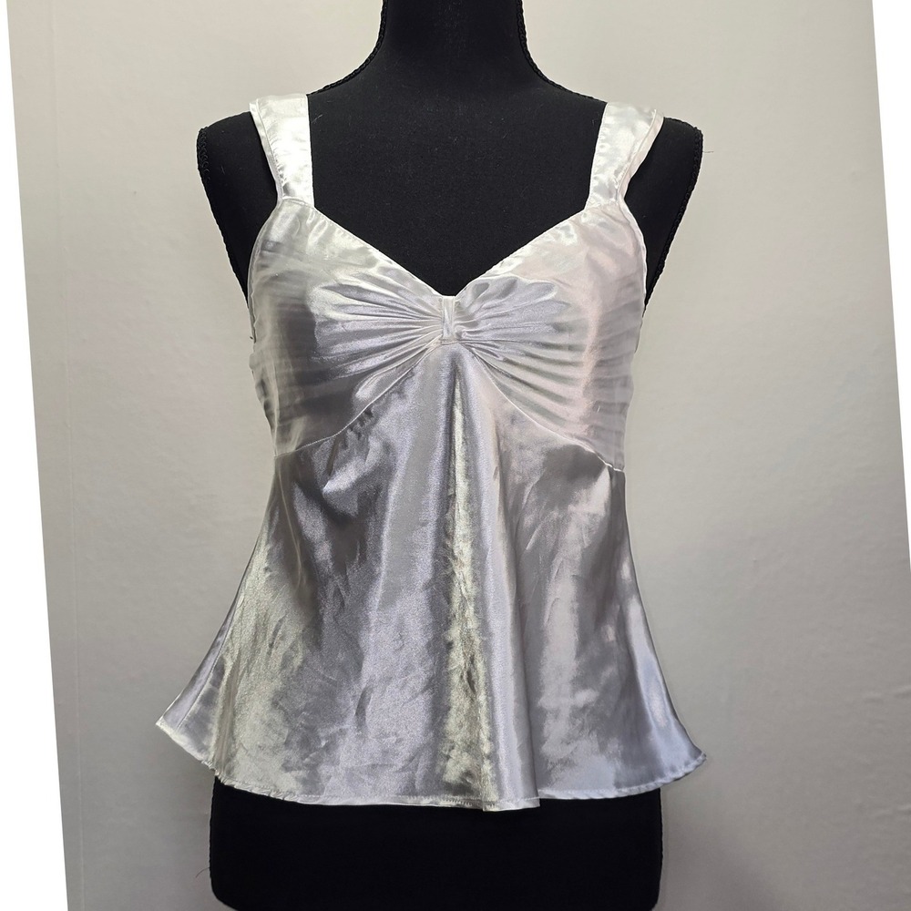 Cinema Etoile Women's Satin Camisole Top M Ivory Y2K Ruched Slip lingerie cami